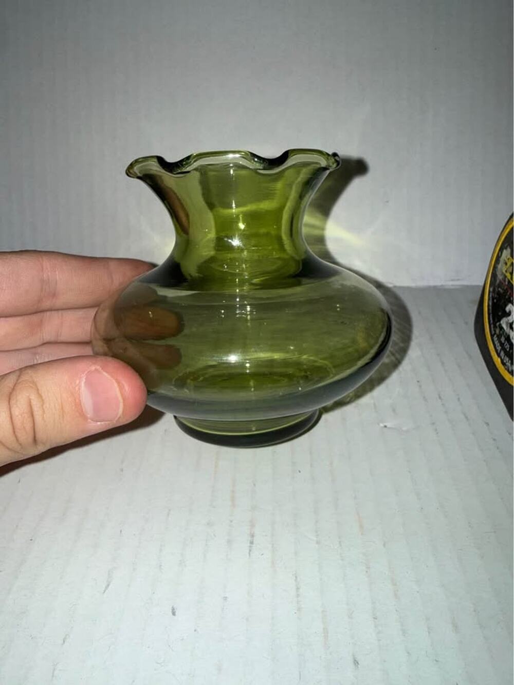 Vintage Green Glass Ruffled Bud Vase